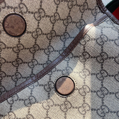 Close-up of a Gucci patterned fabric with two buttons.