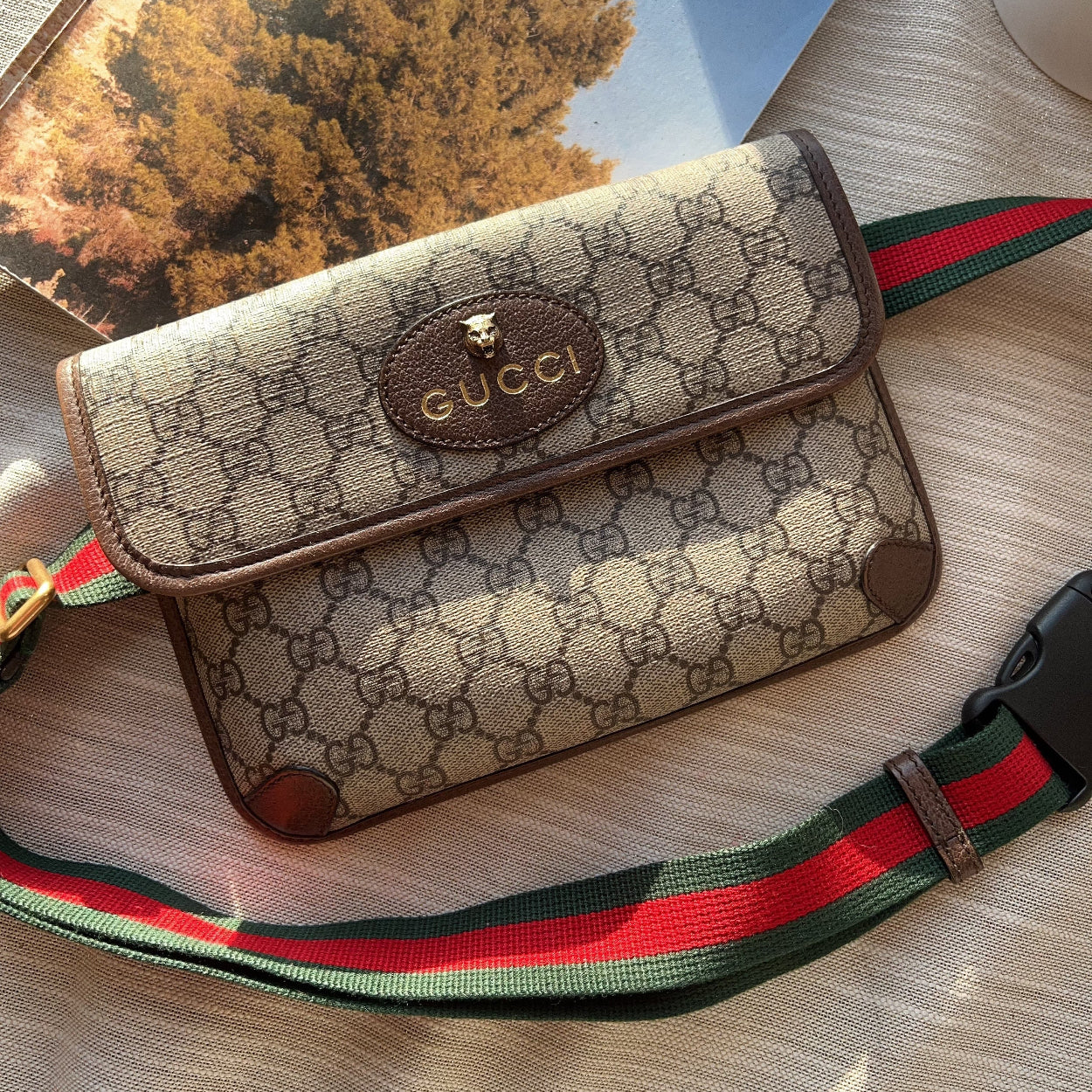 Gucci handbag with a red and green strap on a wooden surface