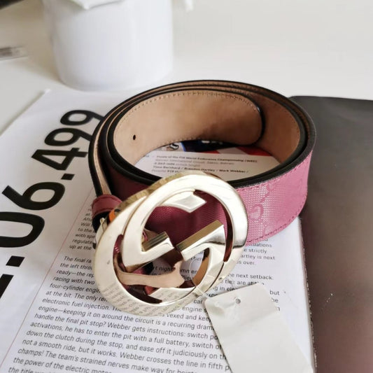 Gucci Interlocking G Monogram Gold GG Buckle Leather Belt pink