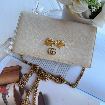 Gucci Calfskin GG Marmont Bow Chain Wallet White