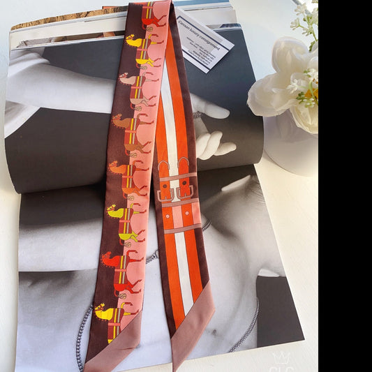 HERMES Rocabar Twilly Scarf Silk Chocolat Rose Poudre Potillon Brown