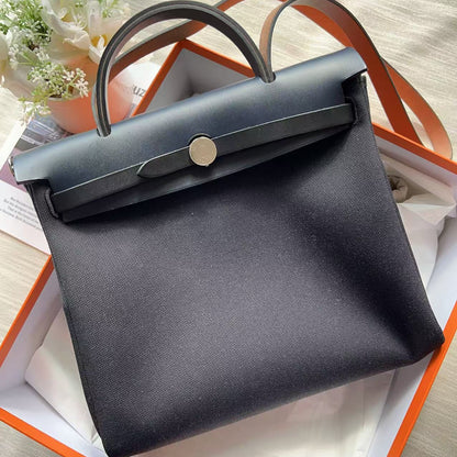 Hermes Herbag Zip Retourne 31 PM Toile Vache Hunter Black and Dark Blue PHW