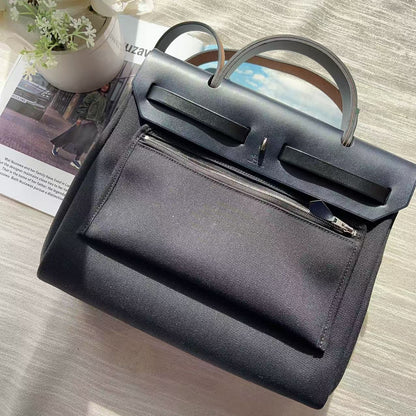 Hermes Herbag Zip Retourne 31 PM Toile Vache Hunter Black and Dark Blue PHW