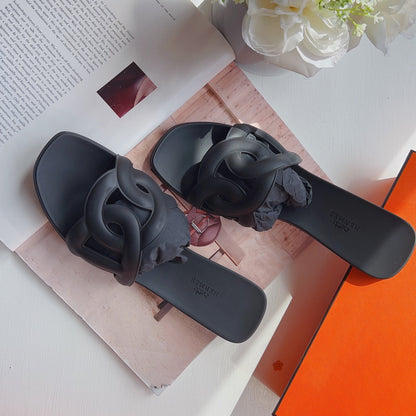 Hermès Black Aloha Rubber Slide Sandals Size40 New