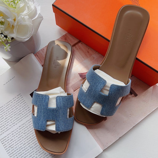 Hermes Denim Oran H Flat Slide Sandals Size40 New