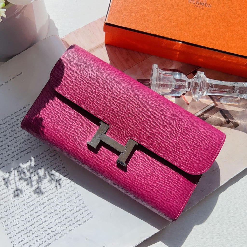 Hermes Epsom Evercolor Constance Long Wallet Rose Pourpre