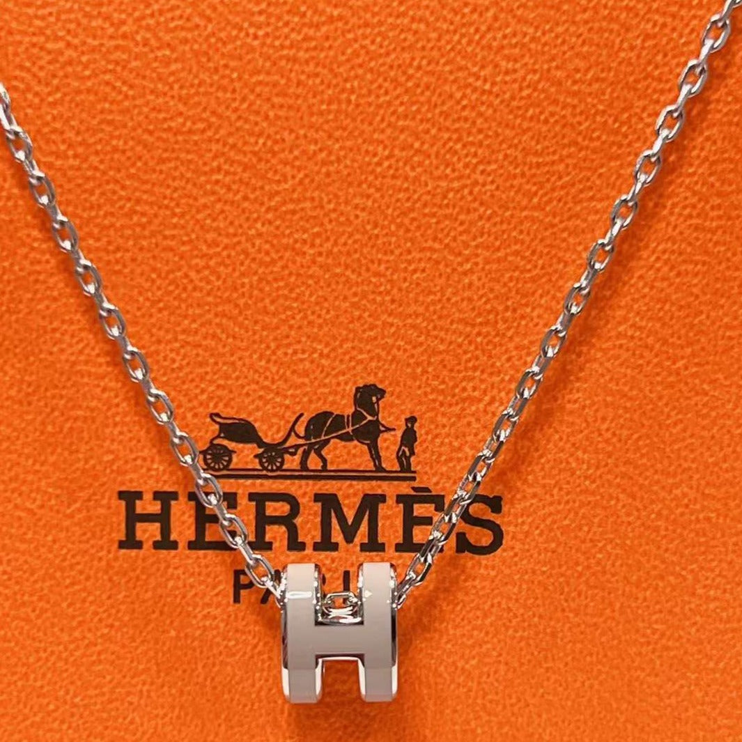 Hermes Mini Pop H Pendant Enamel Necklace White Rose Gold Hardware