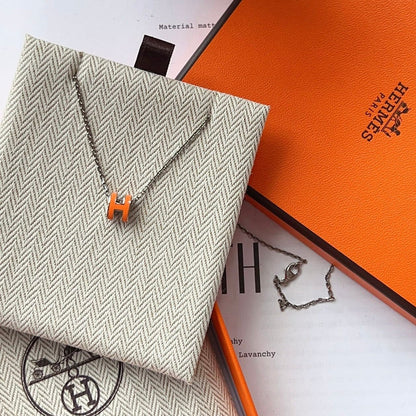 Hermes Mini Pop H pendant Lacquered Palladium Silver Necklace Orange Giftable