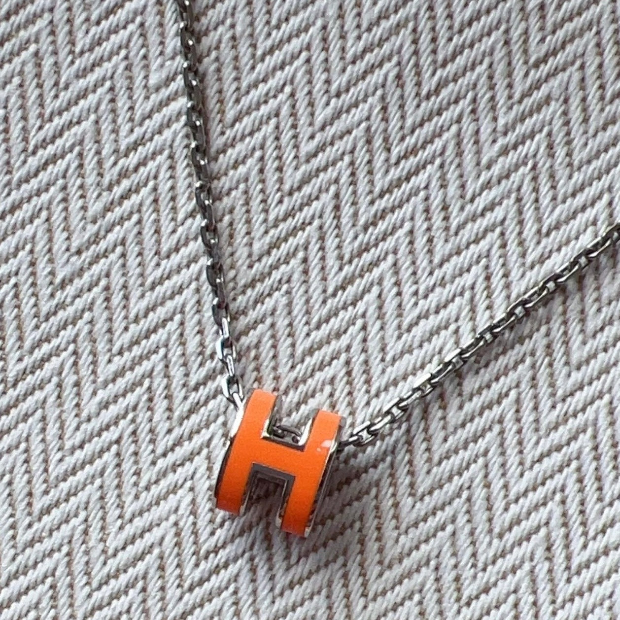 Hermes Mini Pop H pendant Lacquered Palladium Silver Necklace Orange Giftable