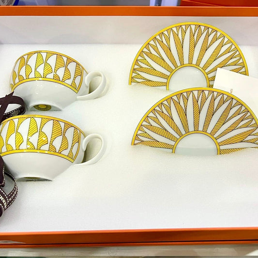 Hermes Soleil d'Hermes Coffee Cup Saucer 2 set yellow porcelain tea