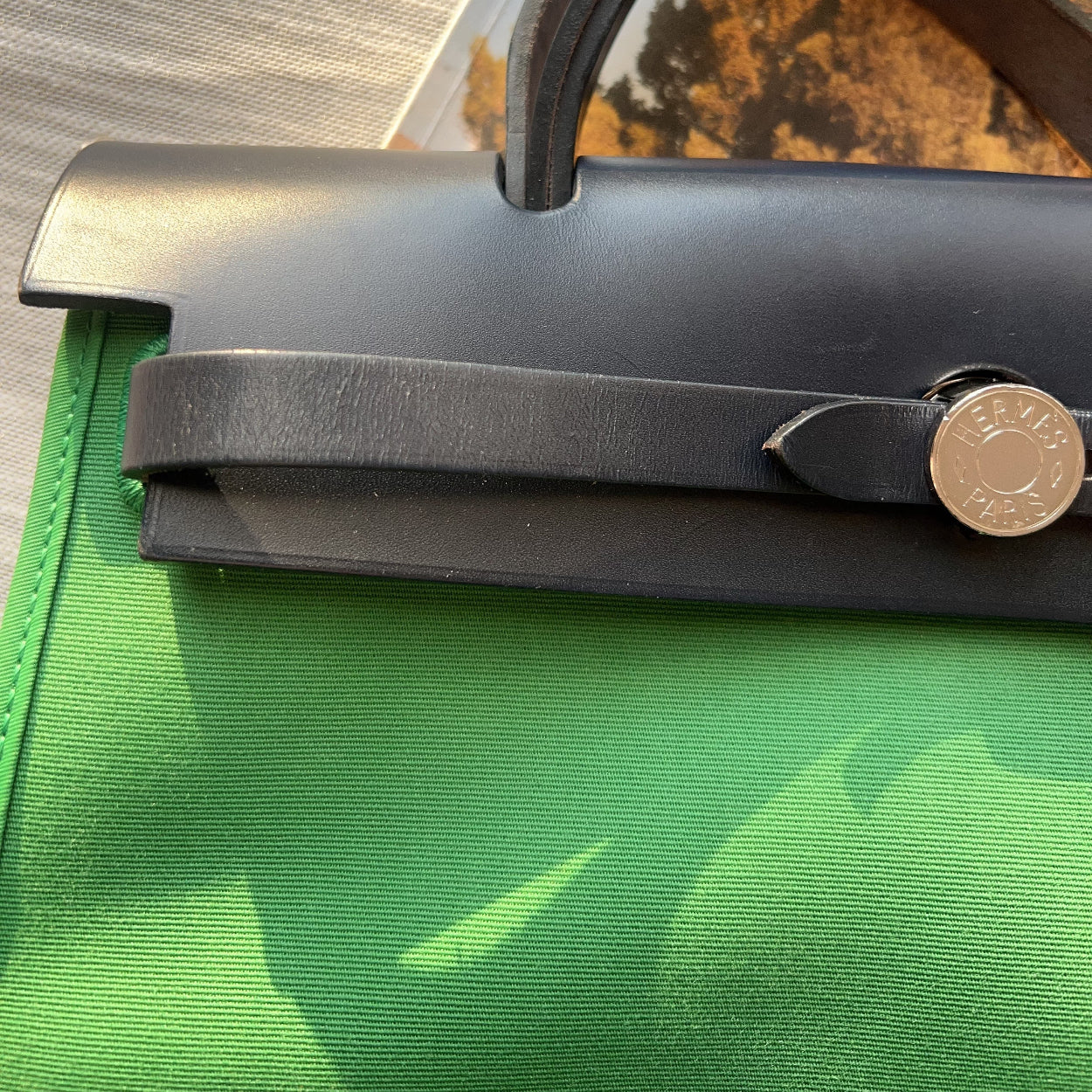 Close-up of a green bag with a black strap and gold clasp.