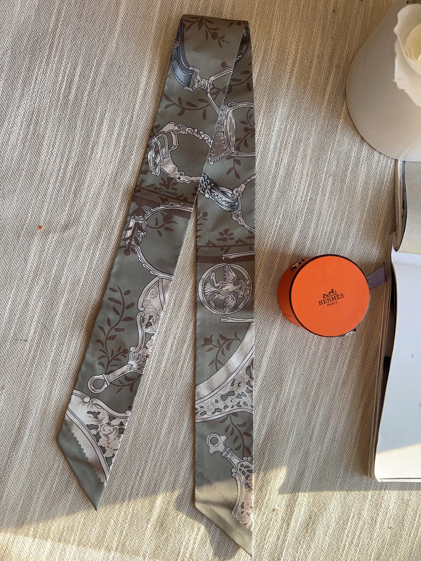 Hermès Twilly Etriers Remix Sauge Marron Argent in Gray Silk