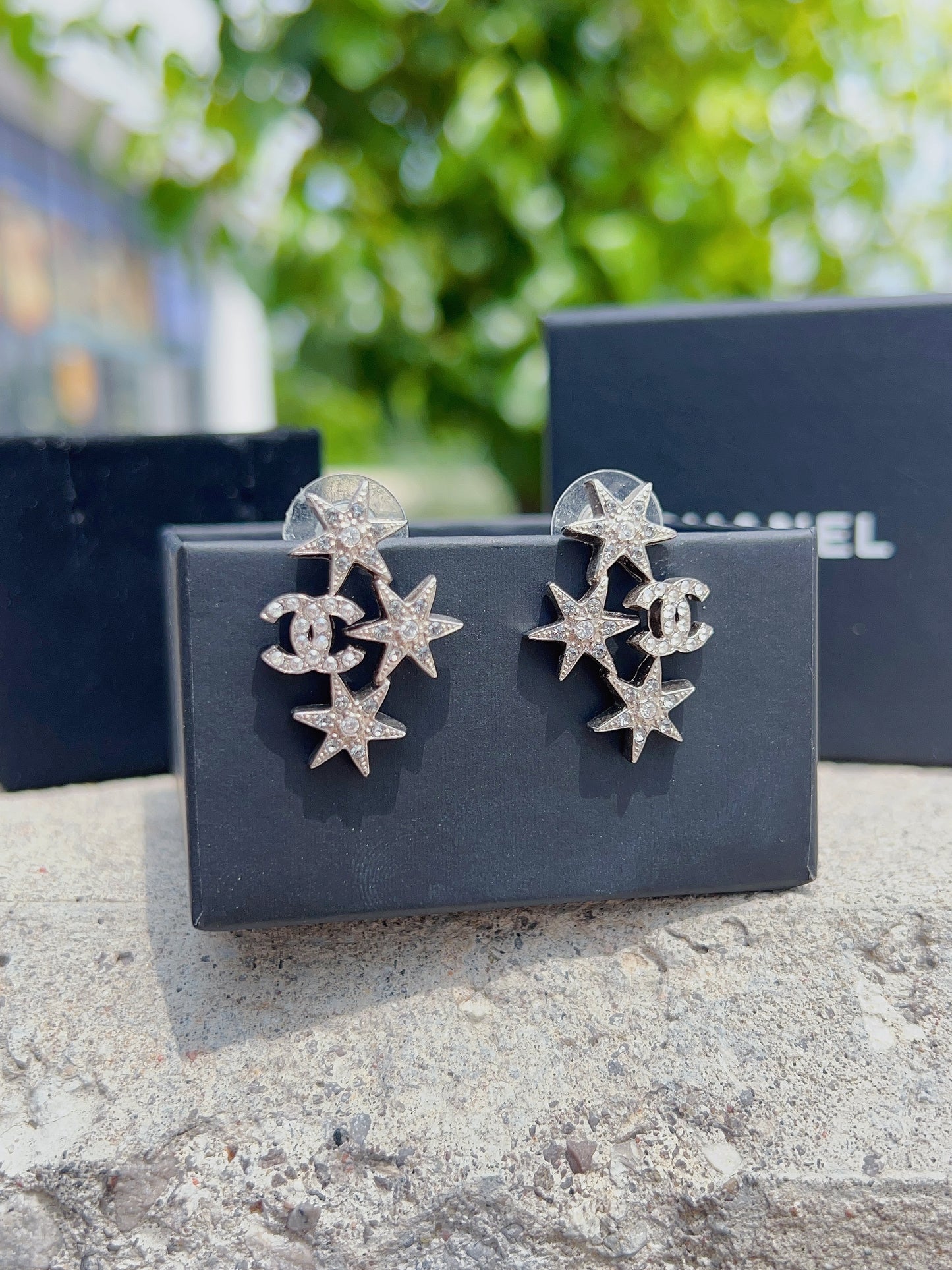 Chanel Crystal CC Star Earrings Silver Size
