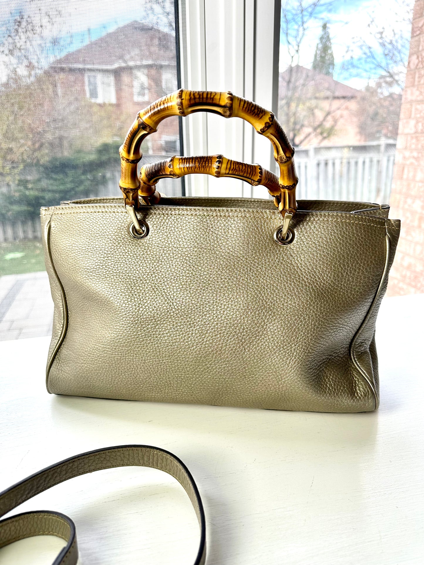 Gucci Gold Pebbled Leather Bamboo Top Handle Medium Tote Bag
