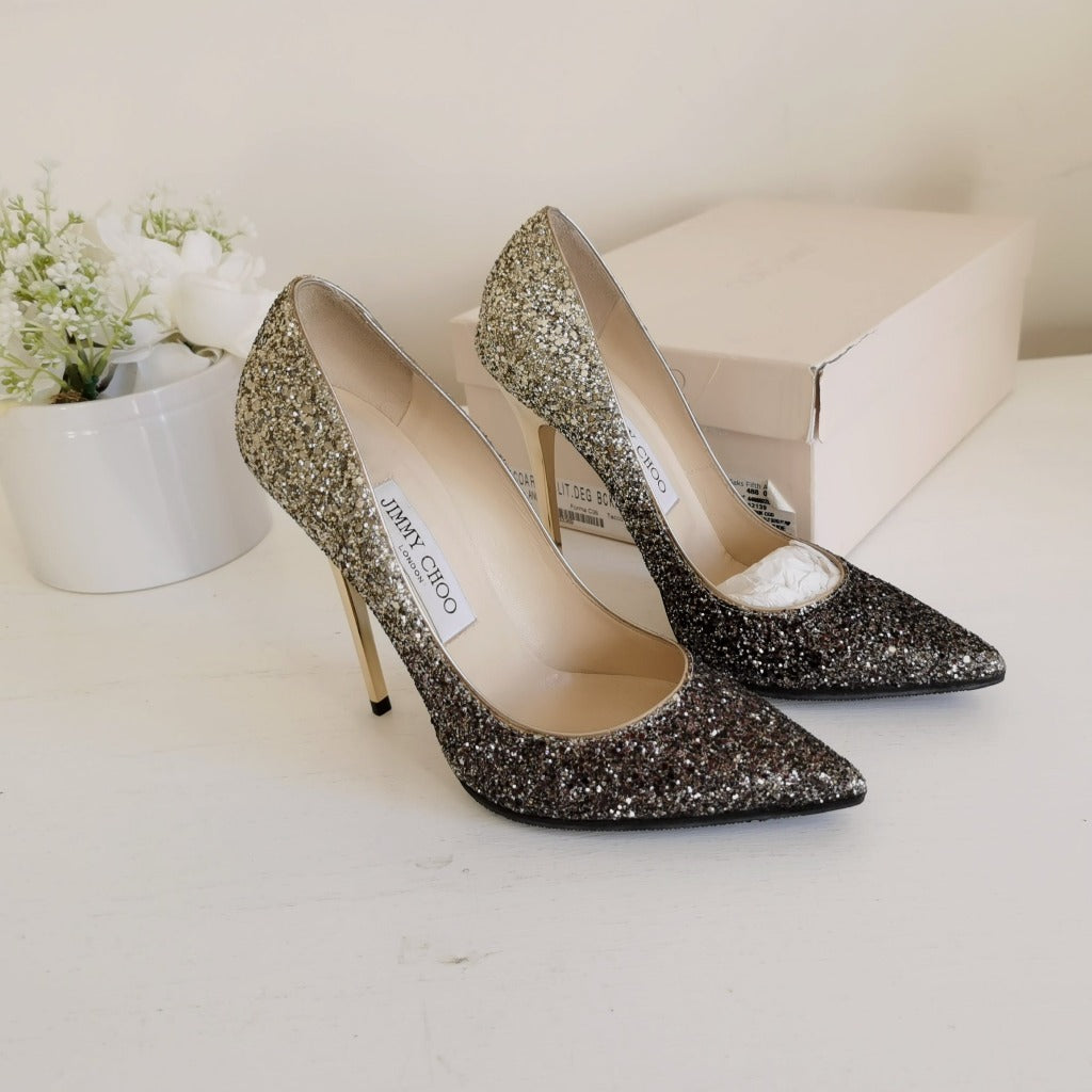 Jimmy Choo Metallic Ombrè Coarse Glitter Abel Pointed Toe Pumps Size37