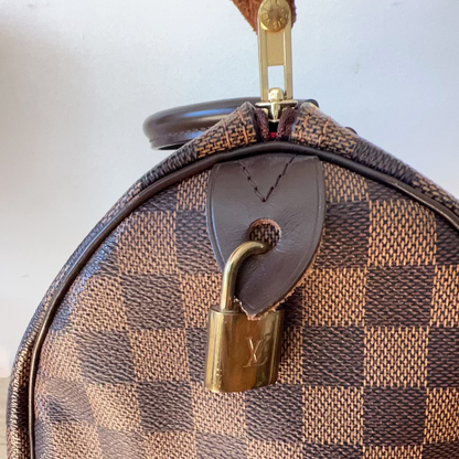 Brown checkered bag with a gold padlock on a white background