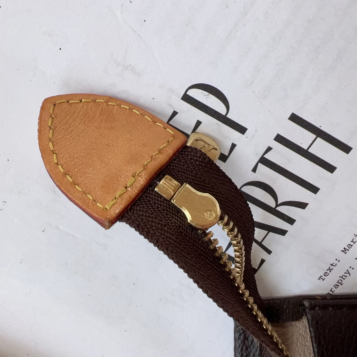 Close-up of a brown leather strap with gold zipper on a white surface.