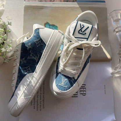 Louis Vuitton Calfskin Monogram Denim Charlie Sneakers 36 White Blue