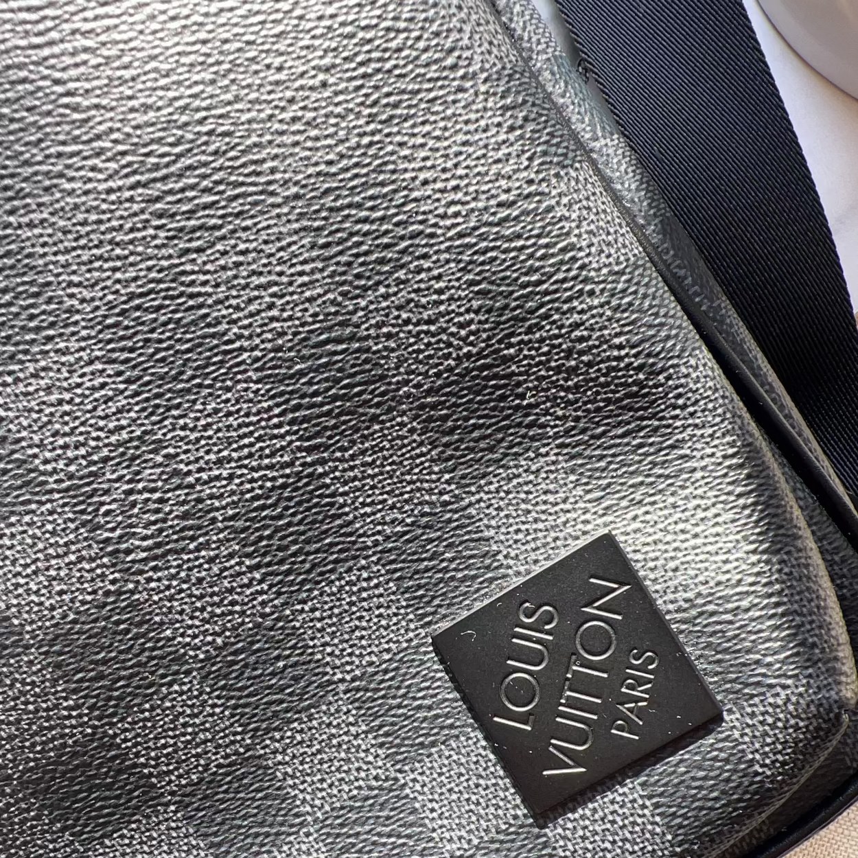 Louis Vuitton bag with a visible logo on a neutral background