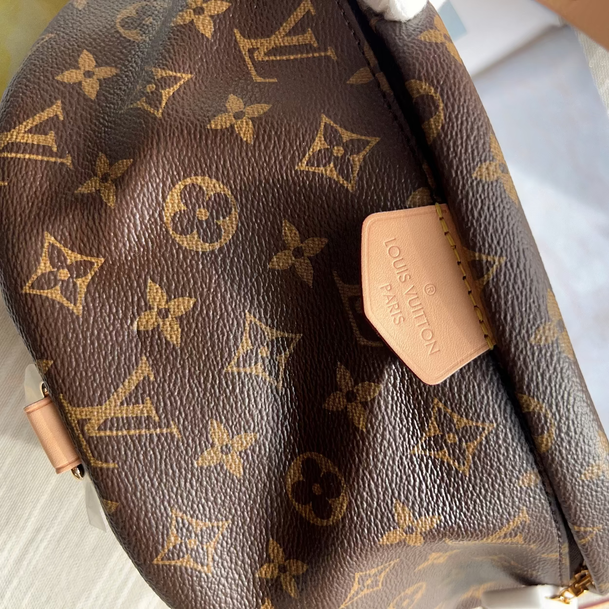 A close-up of a Louis Vuitton monogram canvas bag in brown and tan, showing the classic LV logo pattern and a tan leather brand tab on the side.