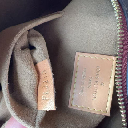 Close-up of the interior of a Louis Vuitton bag showing the beige suede lining, a tan leather brand tag, and a gold zipper.