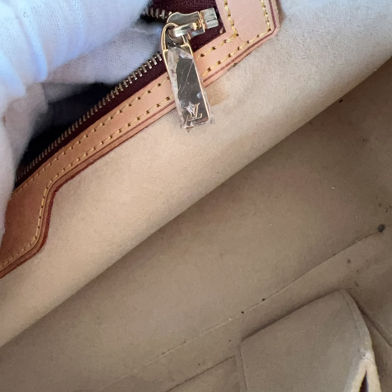 Close-up of a Louis Vuitton handbag with a gold zipper pull.