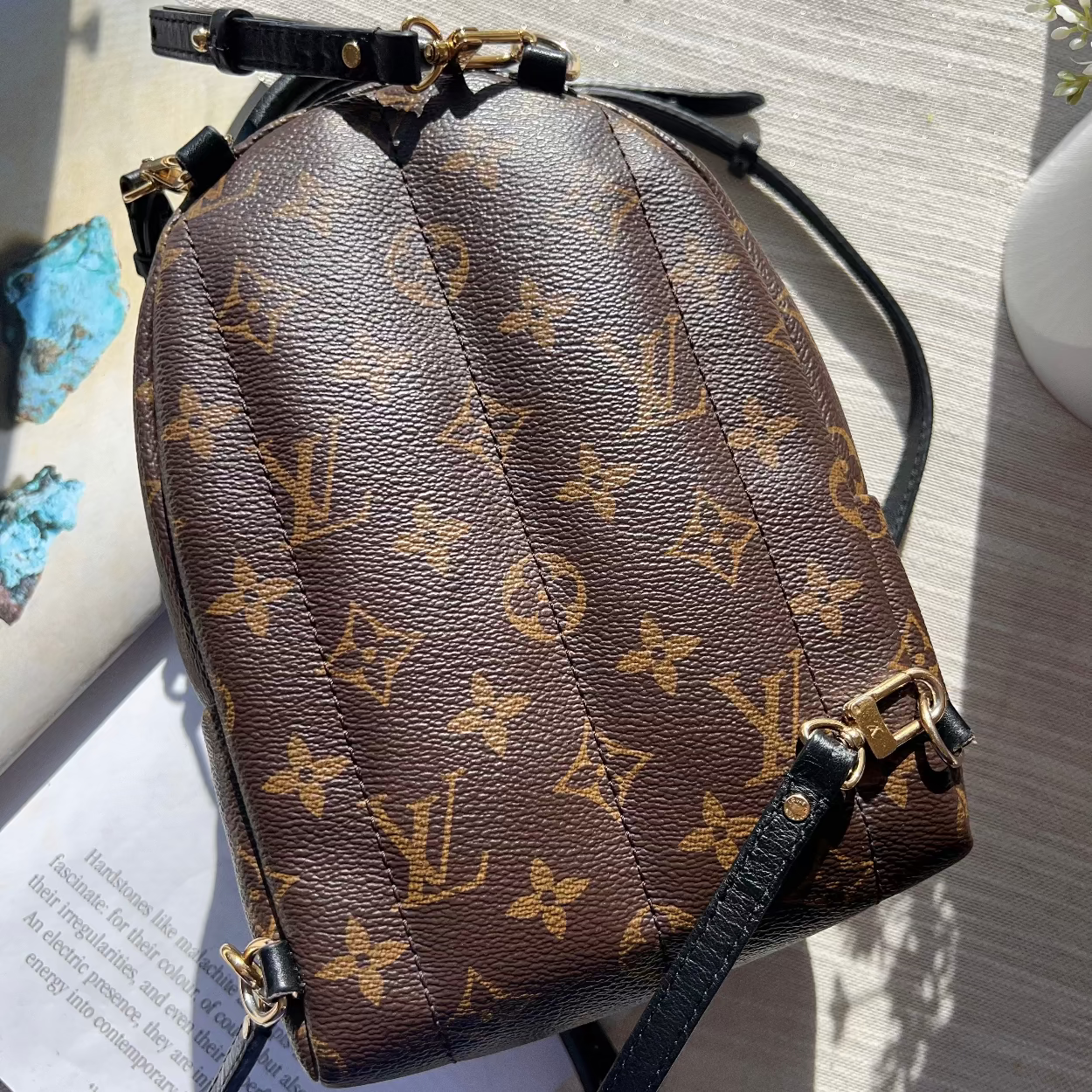 Brown monogram handbag with black drawstring on a light gray surface.