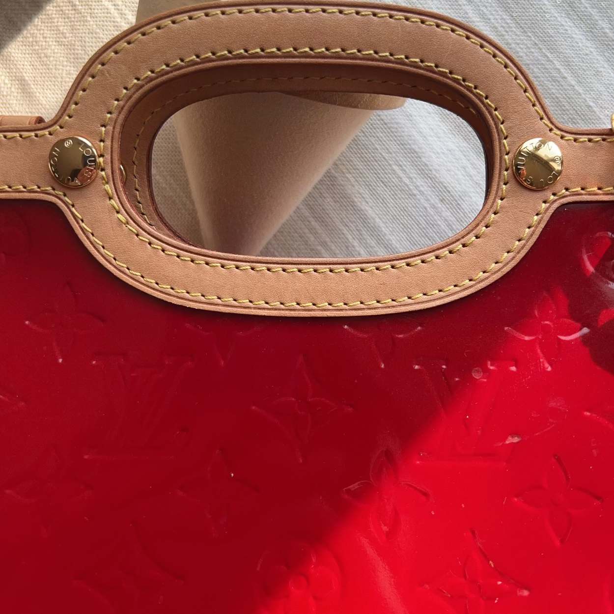 Close-up of a brown leather dog muzzle on a red surface with a white cup in the background.