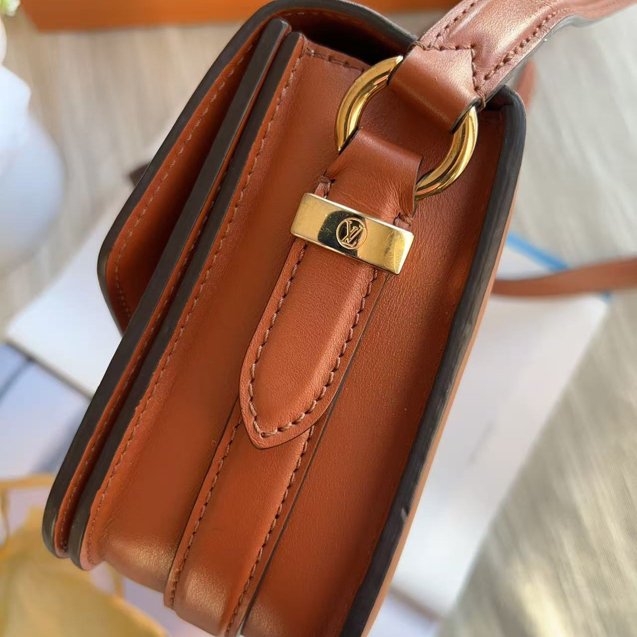 Close-up of a brown leather handbag with a gold clasp on a blurred background