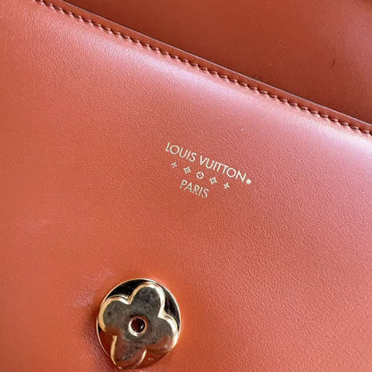 Close-up of a brown Louis Vuitton handbag with a gold emblem.