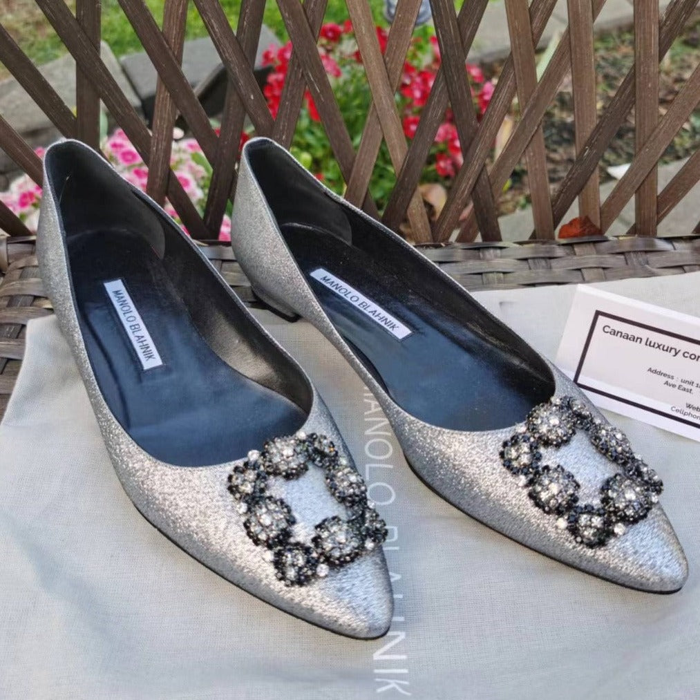 Manolo Blahnik Glitter Fabric Jewel Buckle Flats size38