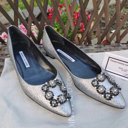 Manolo Blahnik Glitter Fabric Jewel Buckle Flats size38