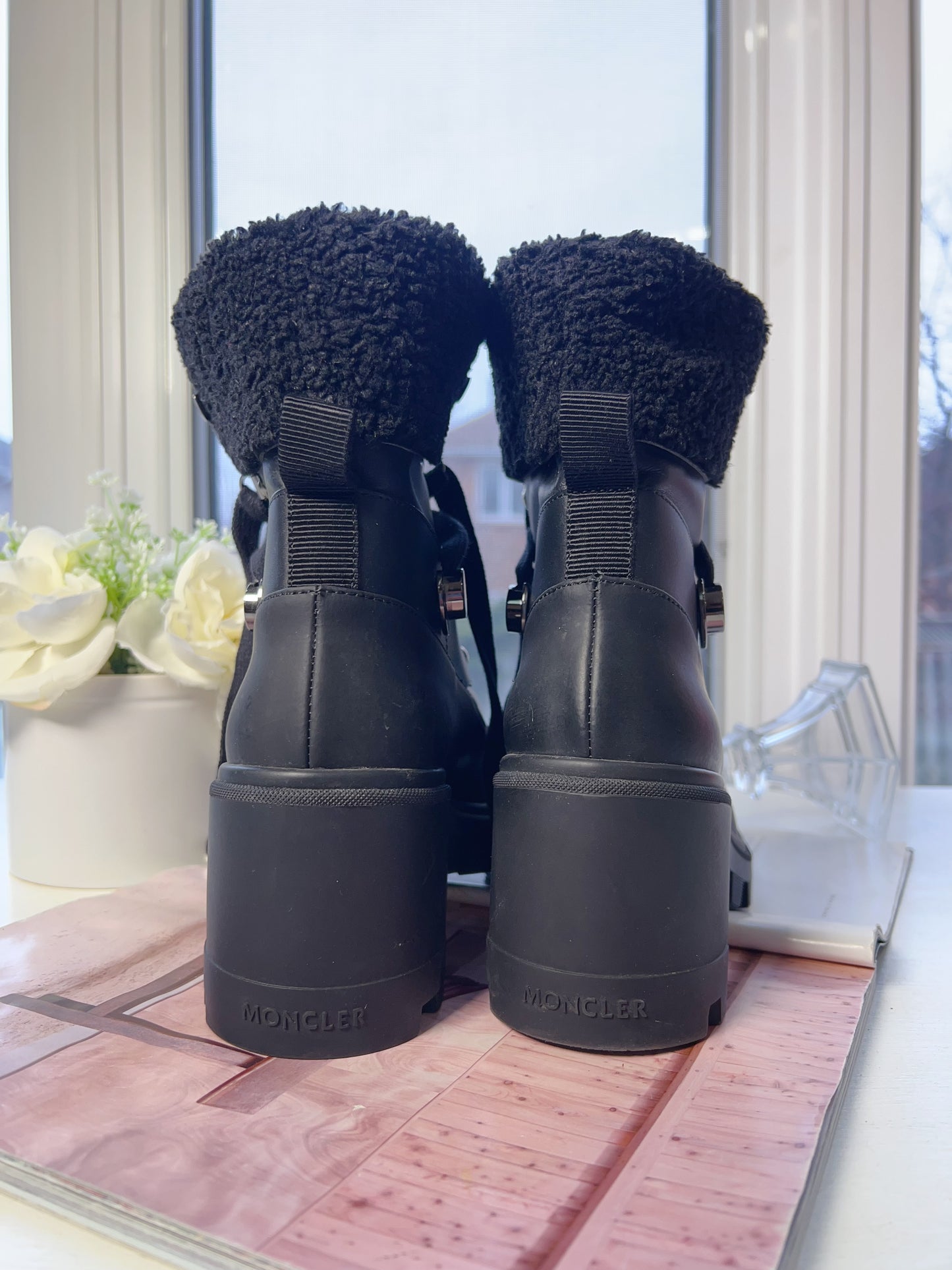 MONCLER Corinne leather and faux shearling-trimmed rubber ankle boots