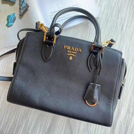 Prada Calf-Trimmed Saffiano Handle Bag Black