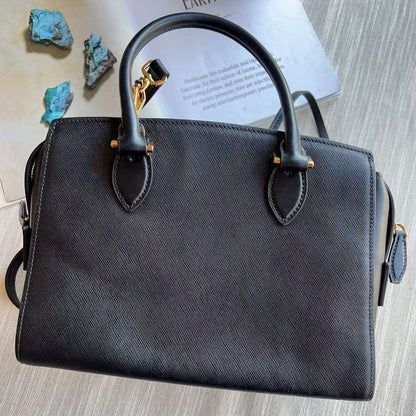 Prada Calf-Trimmed Saffiano Handle Bag Black