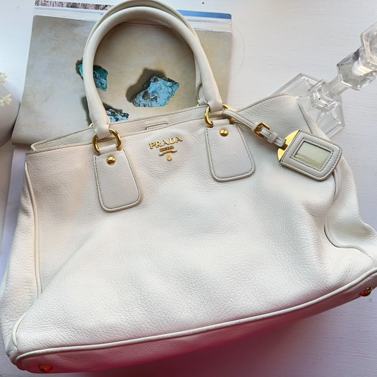 Prada Ivory Vitello Daino Leather Shopping Tote