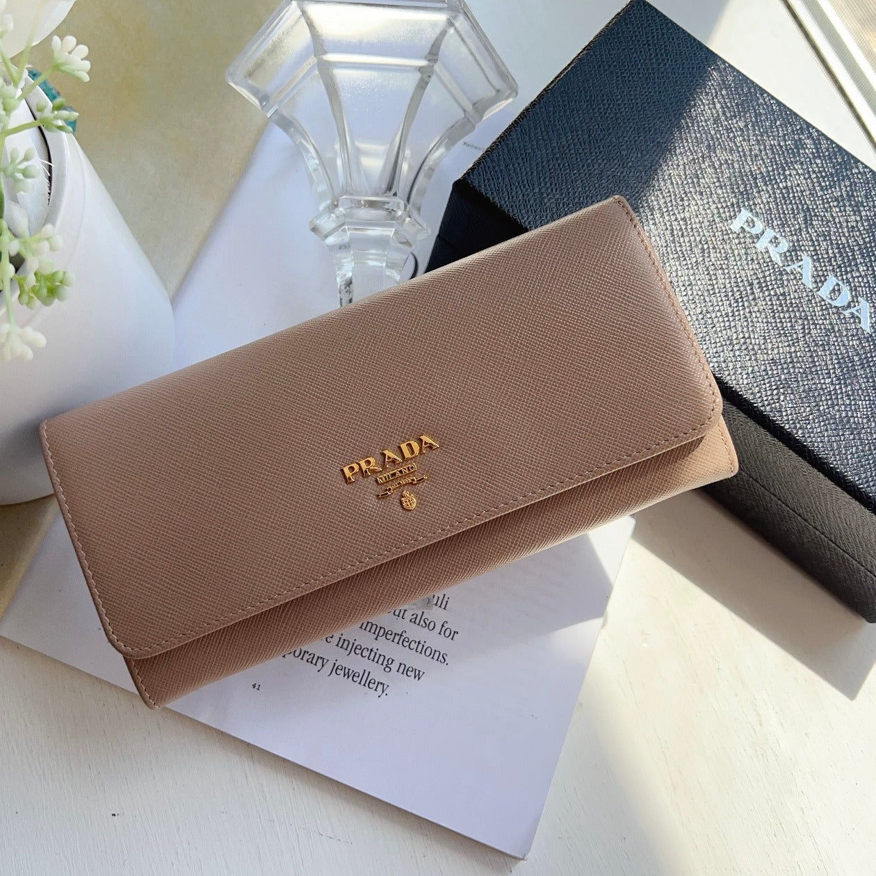 Prada Nude Saffiano Lux Leather Flap Continental Wallet New