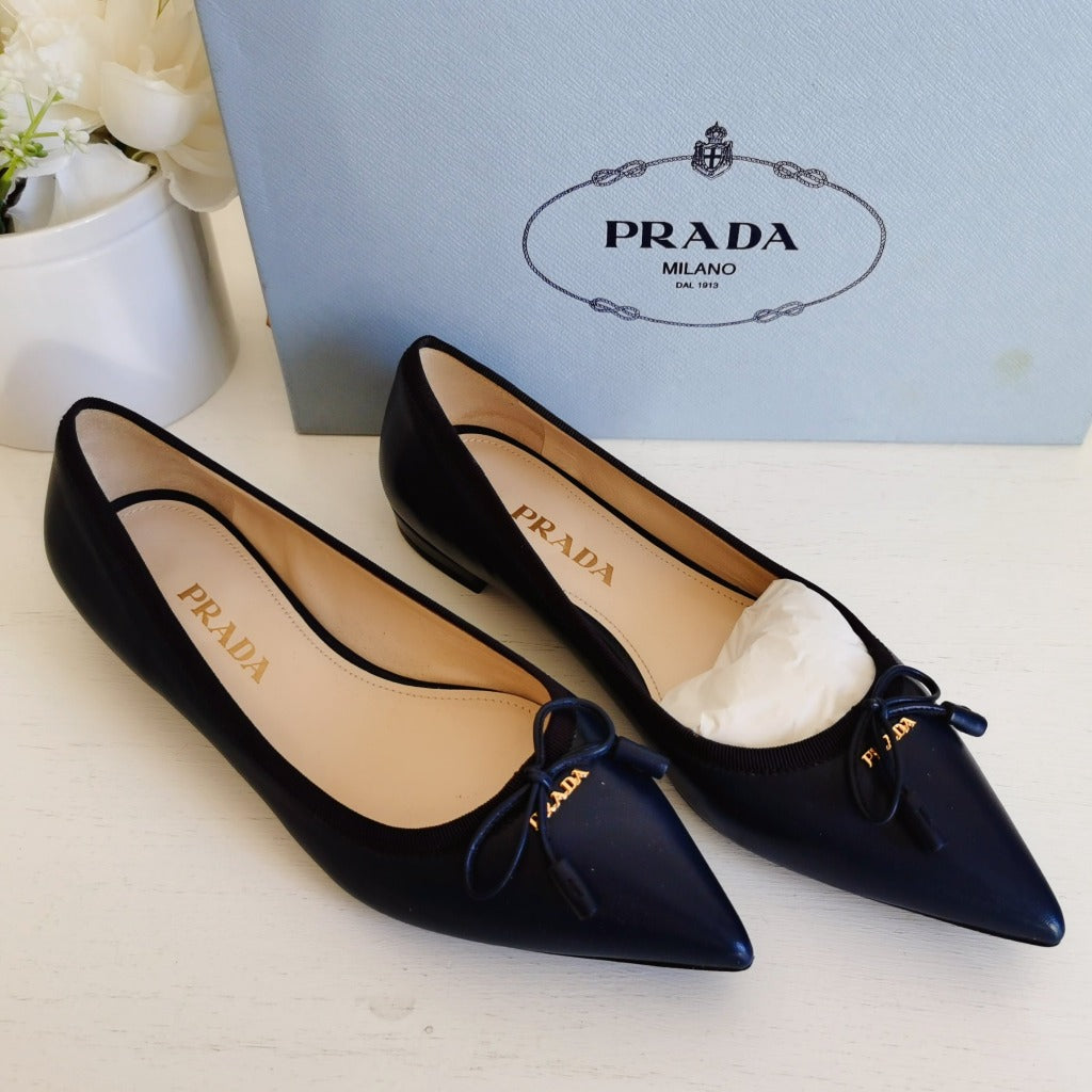 Prada Point-Toe Tassel Ballerina Flat, Navy Size36