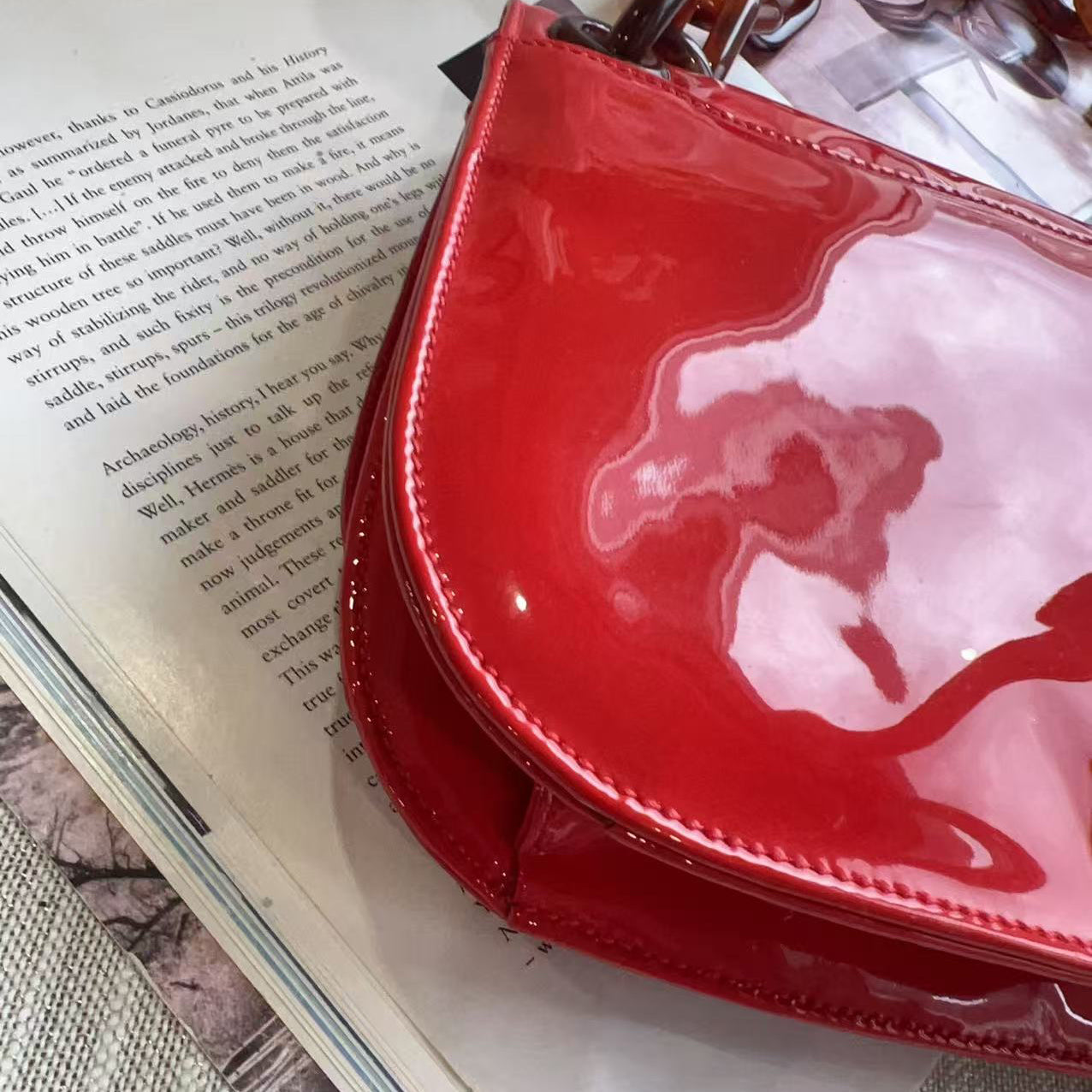 Red handbag with a horse design on an open book