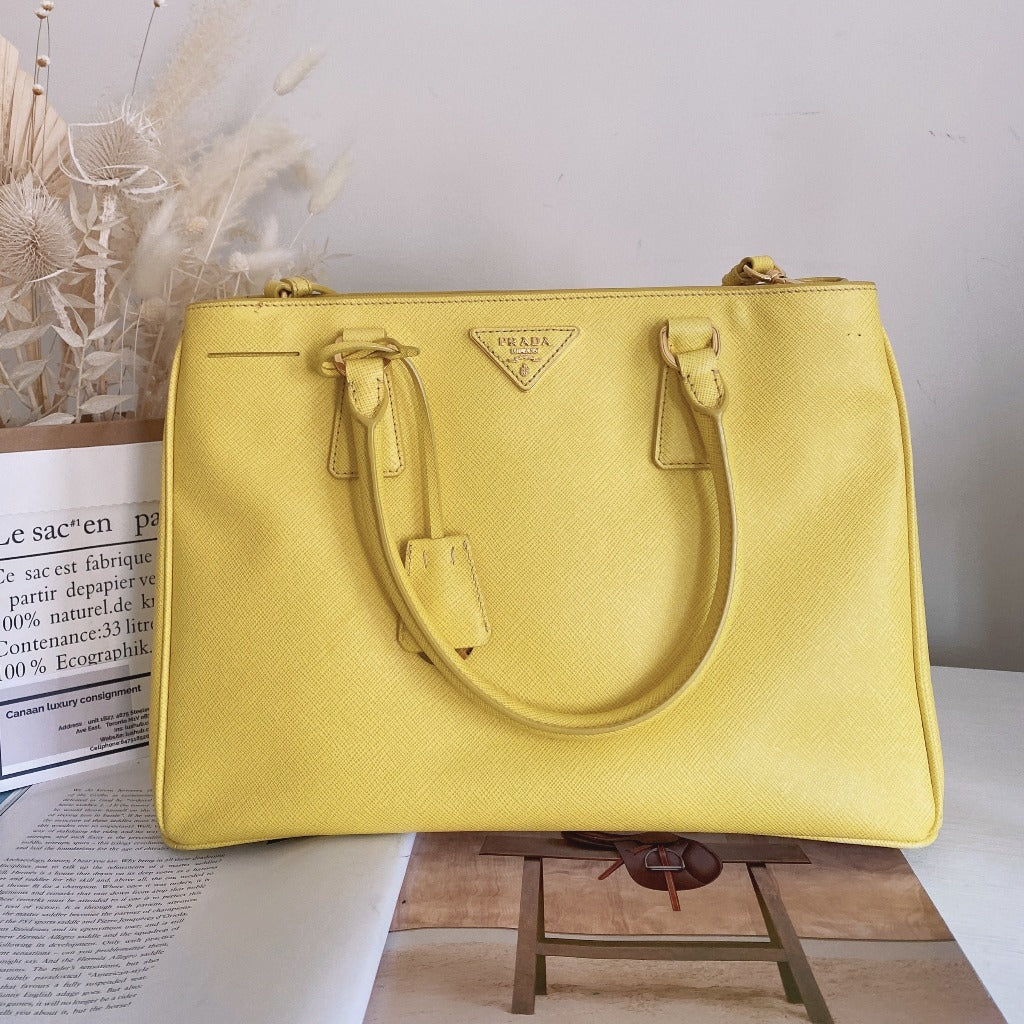 Prada Single Zipper Medium Saffiano Yellow Leather Handbag