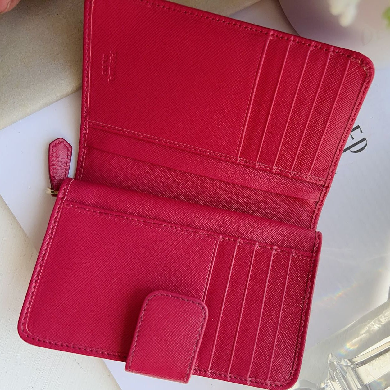 Prada Small Saffiano Metal Leather Compact Wallet Pink