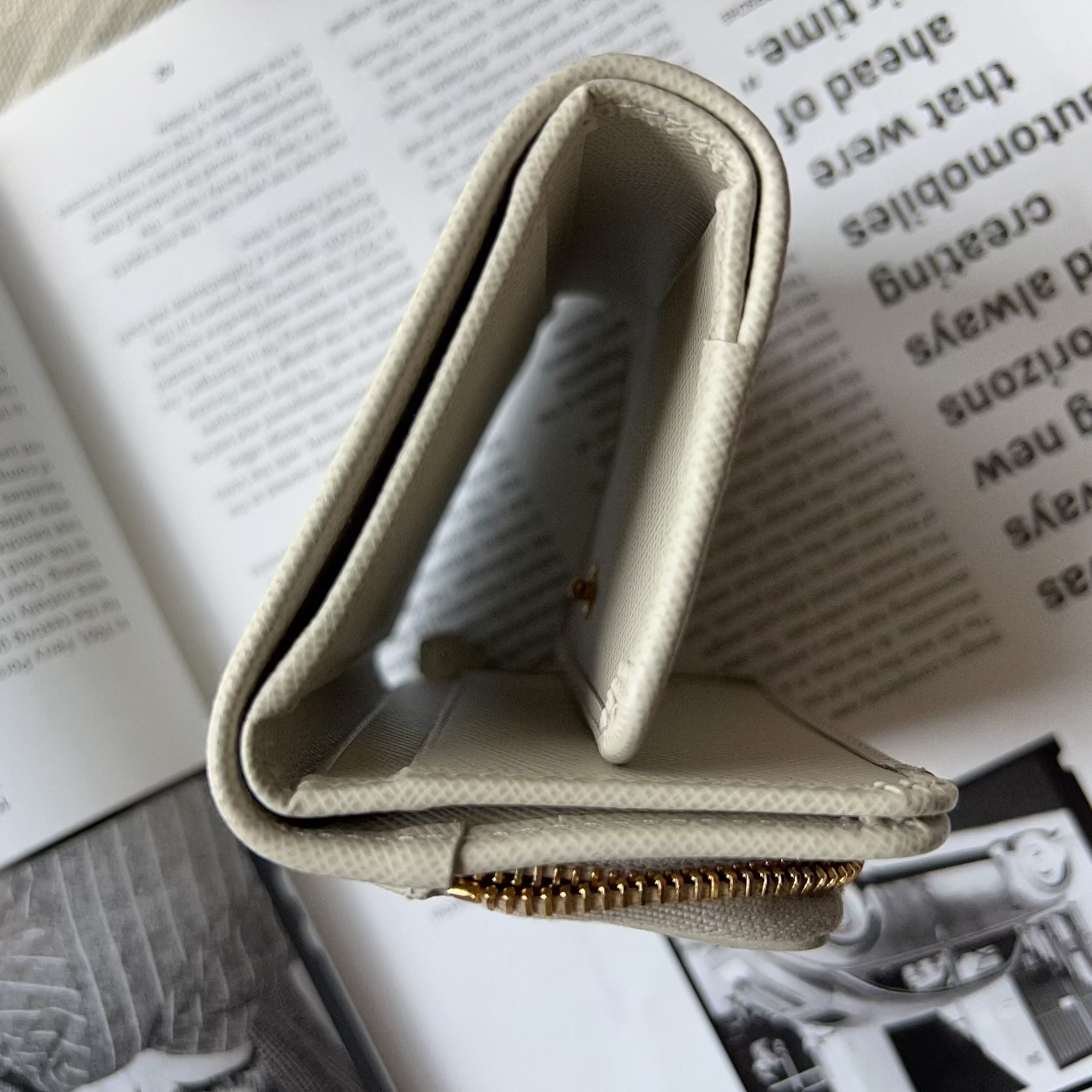A light beige leather wallet with a gold zipper, shown open and photographed from above on top of an open book.