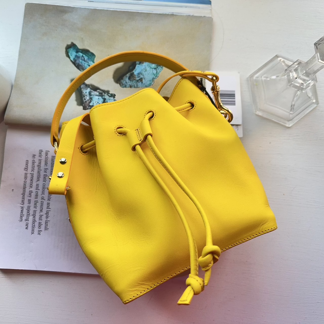 Sophie Hulme Small Drawstring Yellow Leather Bucket Bag