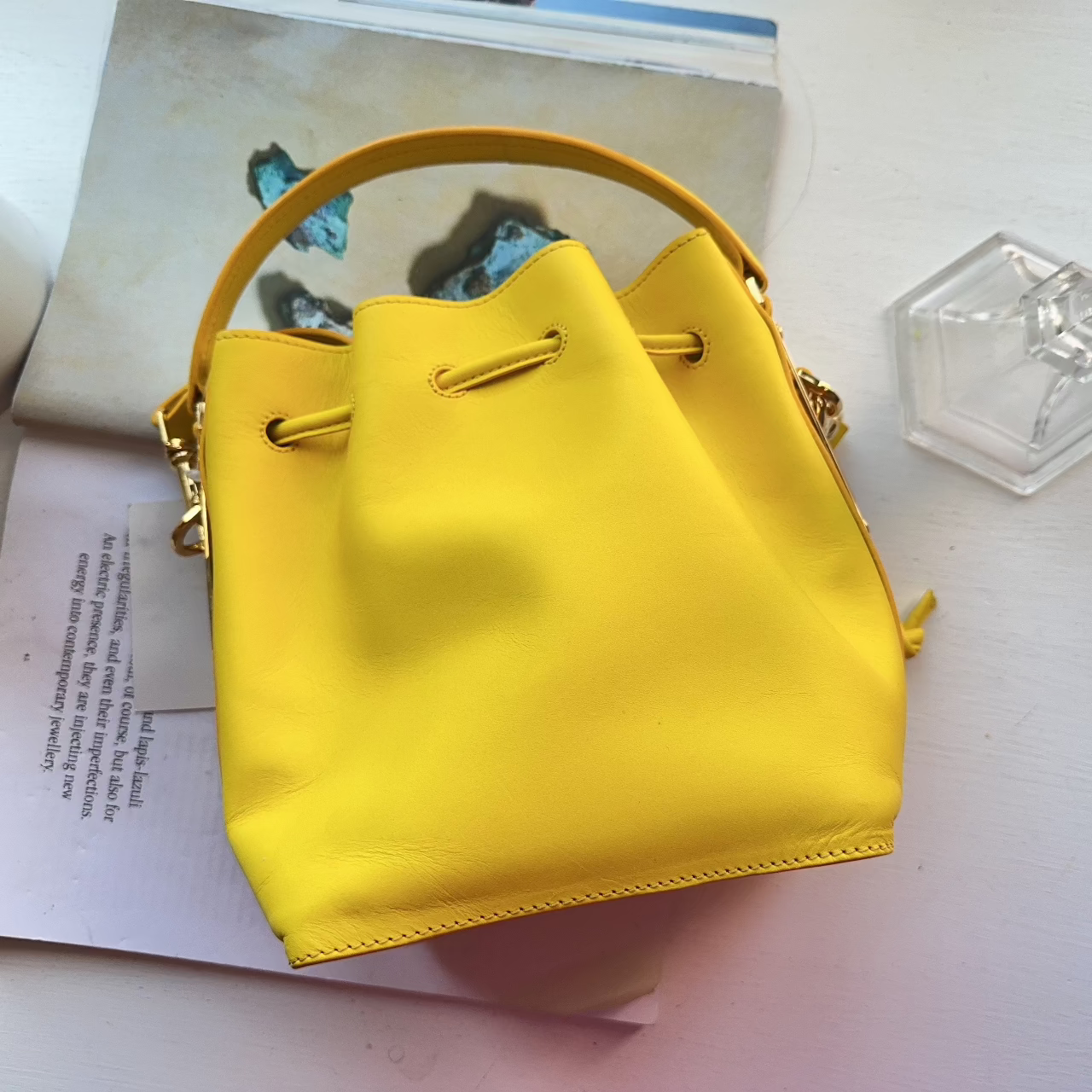 Sophie Hulme Small Drawstring Yellow Leather Bucket Bag