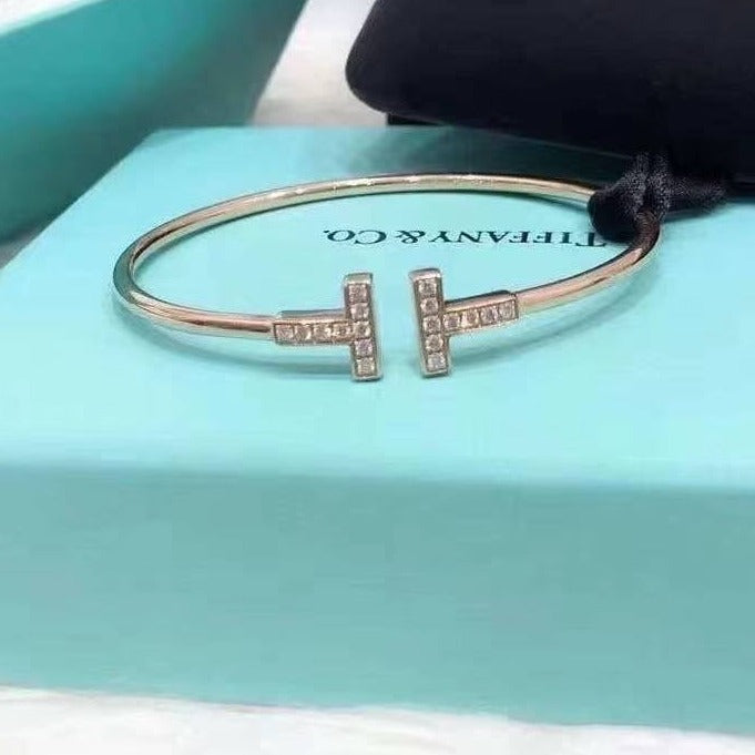 Tiffany T Wire 18k White Gold and Diamond Bracelet Small