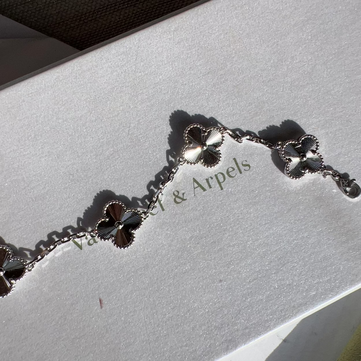 Van Cleef & Arpels 18k White Gold Guilloche Vintage Alhambra 5 Motif Bracelet