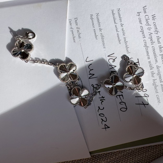 Van Cleef & Arpels 18k White Gold Guilloche Vintage Alhambra 5 Motif Bracelet