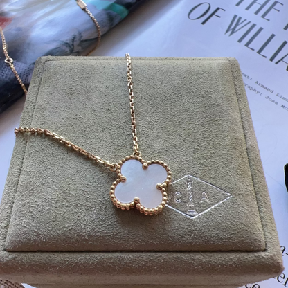 Necklace with a clover-shaped pendant on a jewelry box