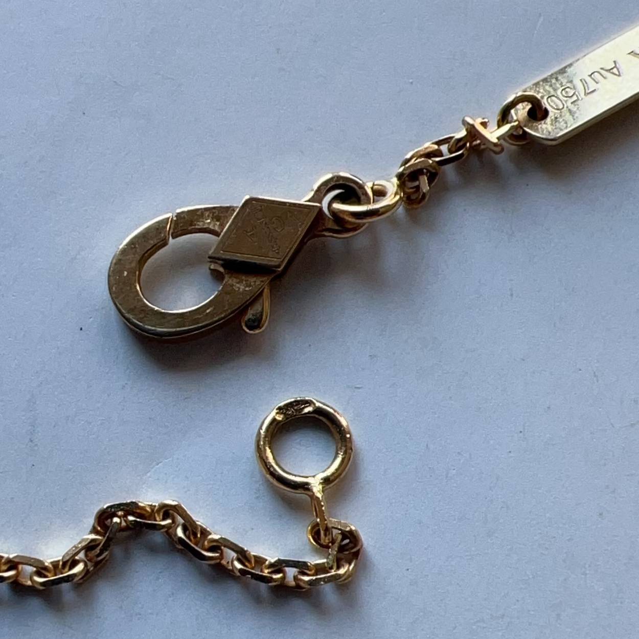 Gold chain with clasp on a light blue background