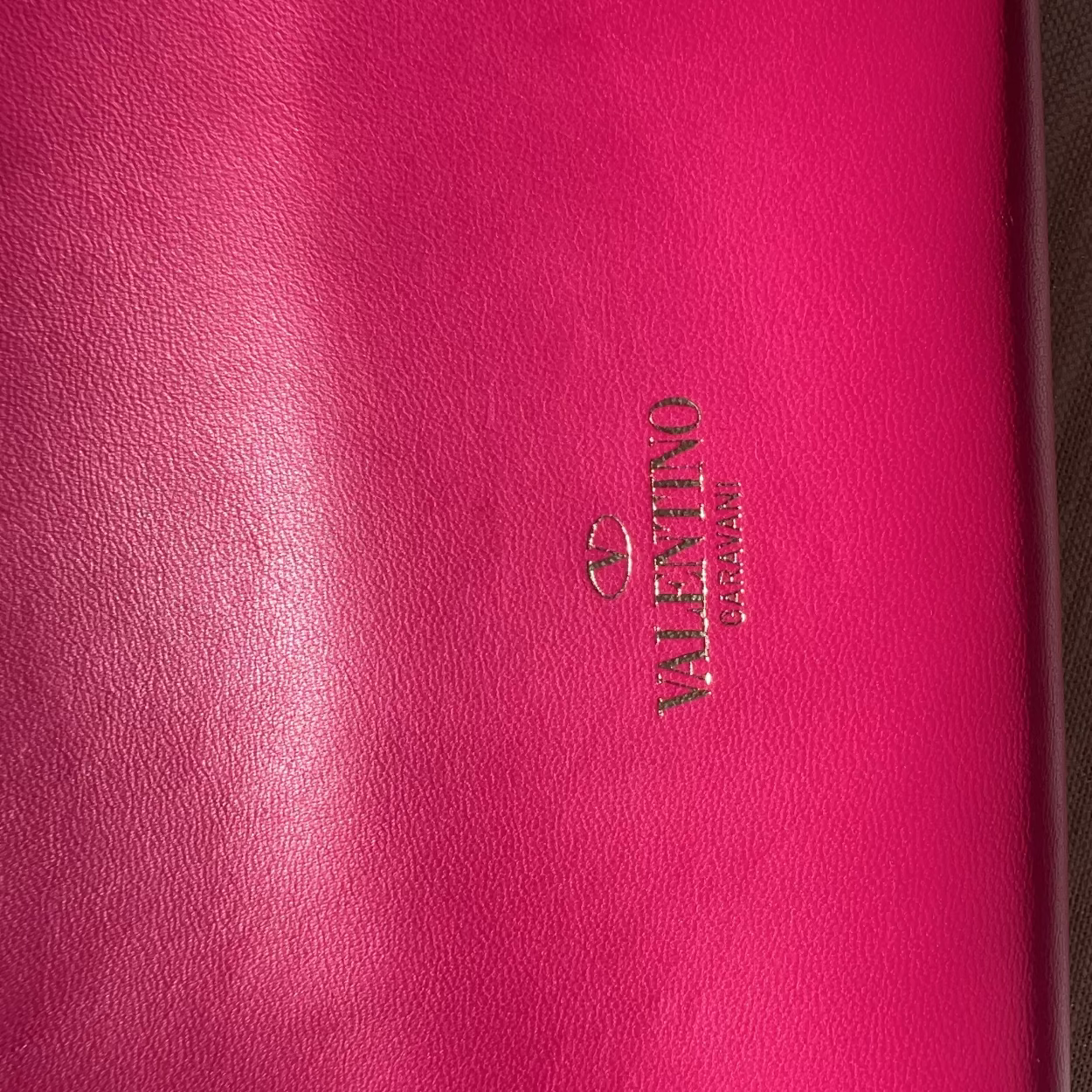 Close-up of a pink leather product with 'Valentino' branding.